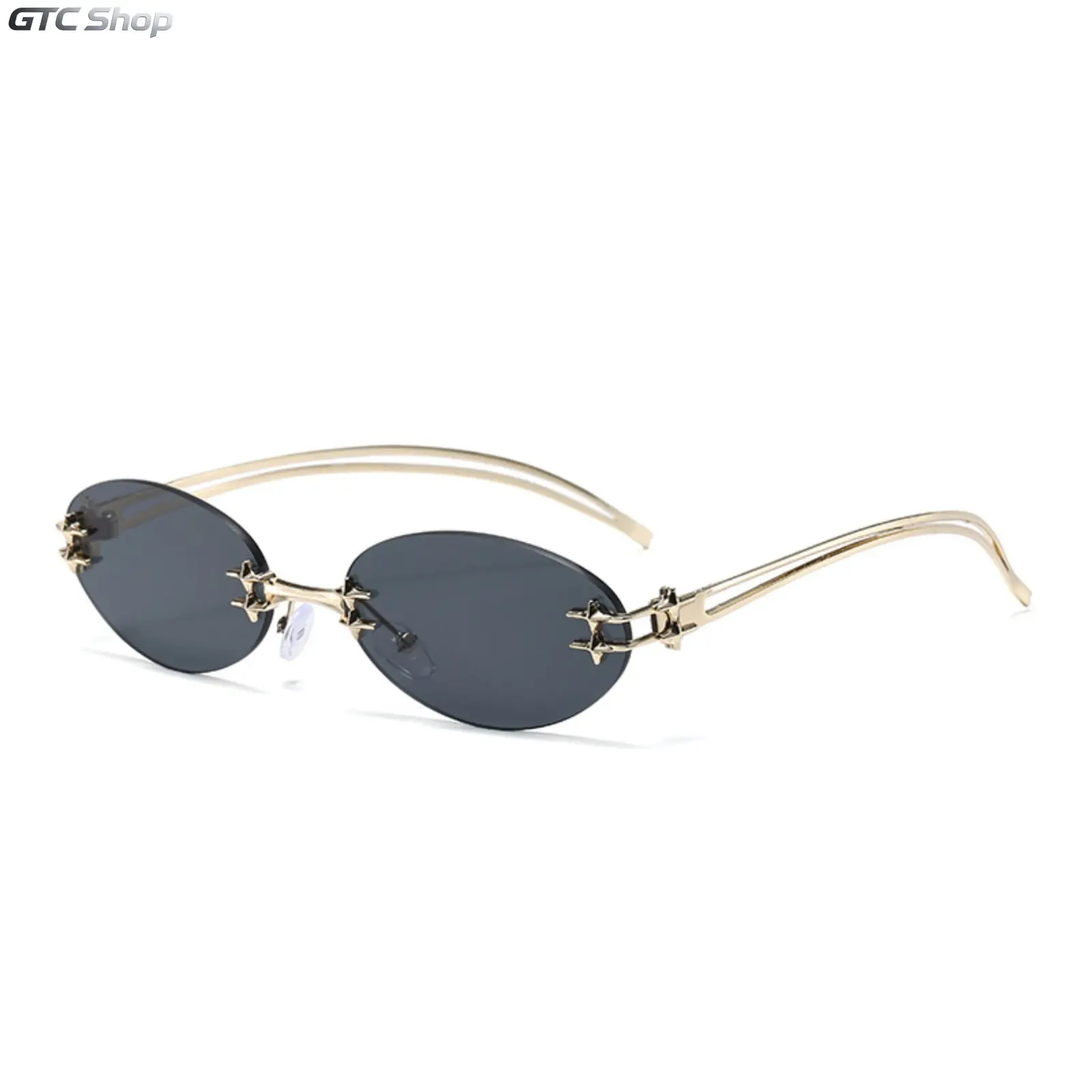 Trendy Rimless Oval Frame Sunglasses With Exquisitely Handcrafted Unique Temples, Chic Street Style Fashion Eyewear Mixing Edgy & Sweet Aesthetics, Lightweight All-Match UV400 Shades For Daily Commute, Outdoor Strolls And Fashion Street Shooting
