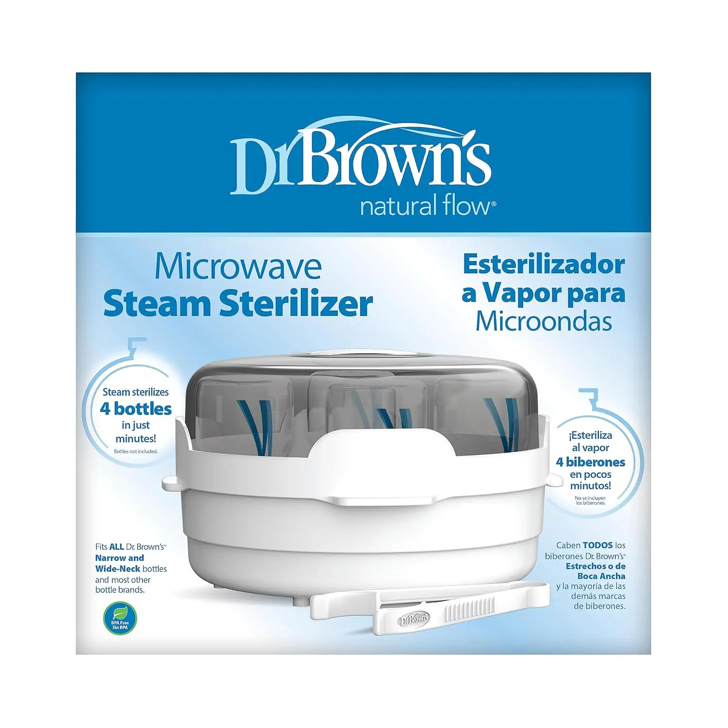 Dr. Brown's Plastic Microwave Steam Sterilizer Unit - Custom Mold, Fits Dr. Brown, Sterilizes Fast for Baby Bottles, Nipples, Bottle Parts, Pacifiers, Teethers, Breast Pump Parts, Microwave Unit
