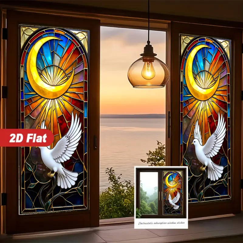 2D Flat Static Cling Stained Glass Moon And Dove Window Decal Rectangular Ornament For Living Room And Bedroom Removable