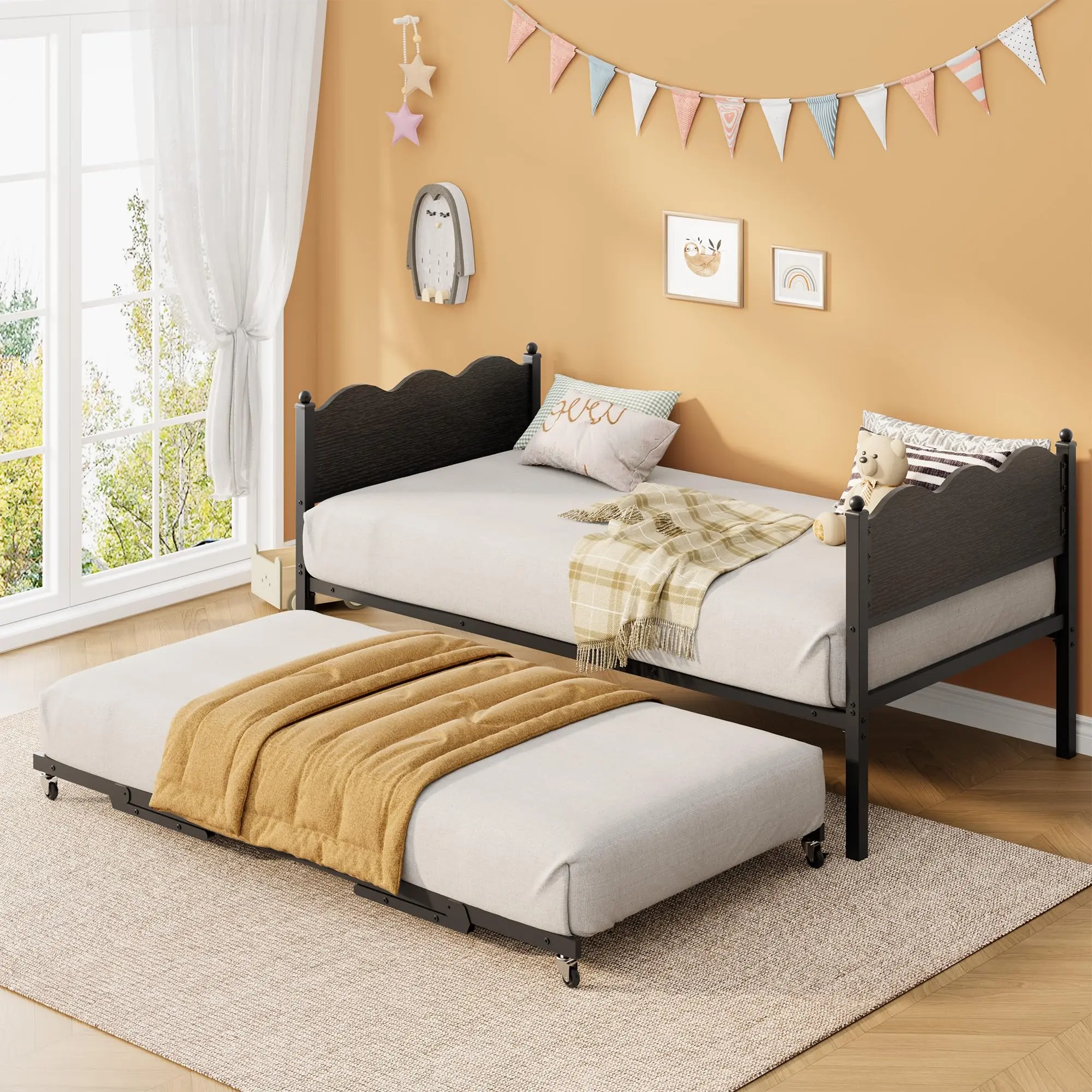 Space-Saving Twin Size Metal Daybed with Trundle - Industrial Wood Grain Wavy Headboard - Metal Slat Support & Lockable Casters - Easy Assembly for Living Room or Guest Room - No Box Spring Needed
