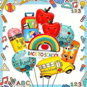 10-Piece Back-To-School Aluminum Foil Balloon Set, Includes Pencil, Rainbow Ruler, Big Apple, Backpack, Bus Shapes,Ideal for back-to-school party decorations, classroom welcome displays, back-to-school events，School supplies Decoration