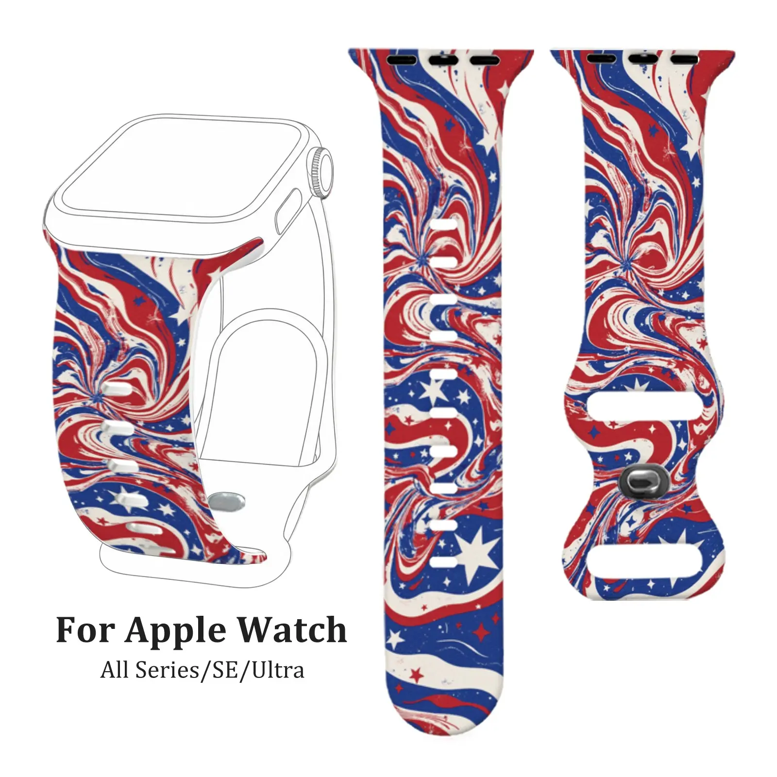 Patriotic Red Blue Marble for Apple Watch Women Men, Soft Silicone Sweat Resistant Easy to Clean Sport Strap Wearable Accessories Compatible with Apple Watch Series 4/5/6/7/8/9/10, SE1/2, Ultra1/2/3, Stylish Festival Wristband Gift Band Watch Straps