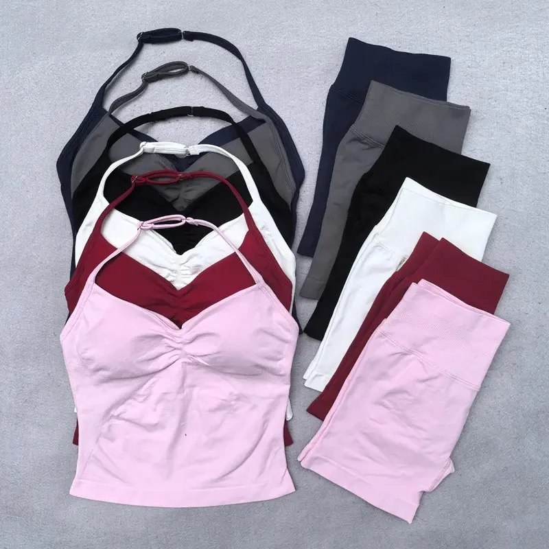 New Seamless Yoga Set Women 2Pcs Padded Halter Tank Top Scrunch Butt Lifting Gym Shorts Set Sportswear Workout Clothes,Bra,Leggings,Backless,Crop,stylish,activewear,,daily,outfit,,Insulated,Hunting,Camo,mfvim,woman,,athletic,