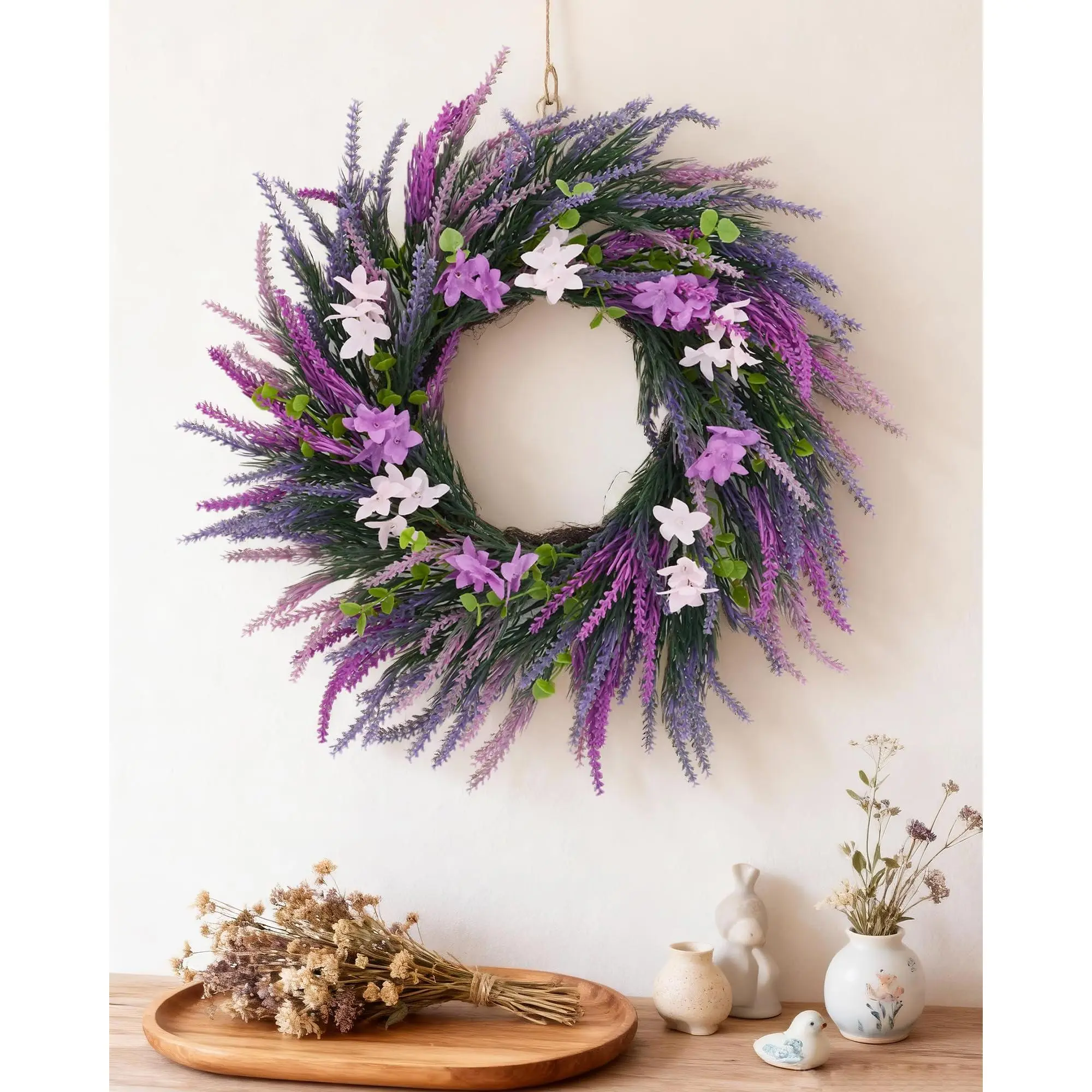 Garvee 20 Inch Artificial Purple Lavender Wreath, Wildflower Floral Wreath for Front Door, Spring Decor, Porch, Home Accent, Festival Wedding Decor