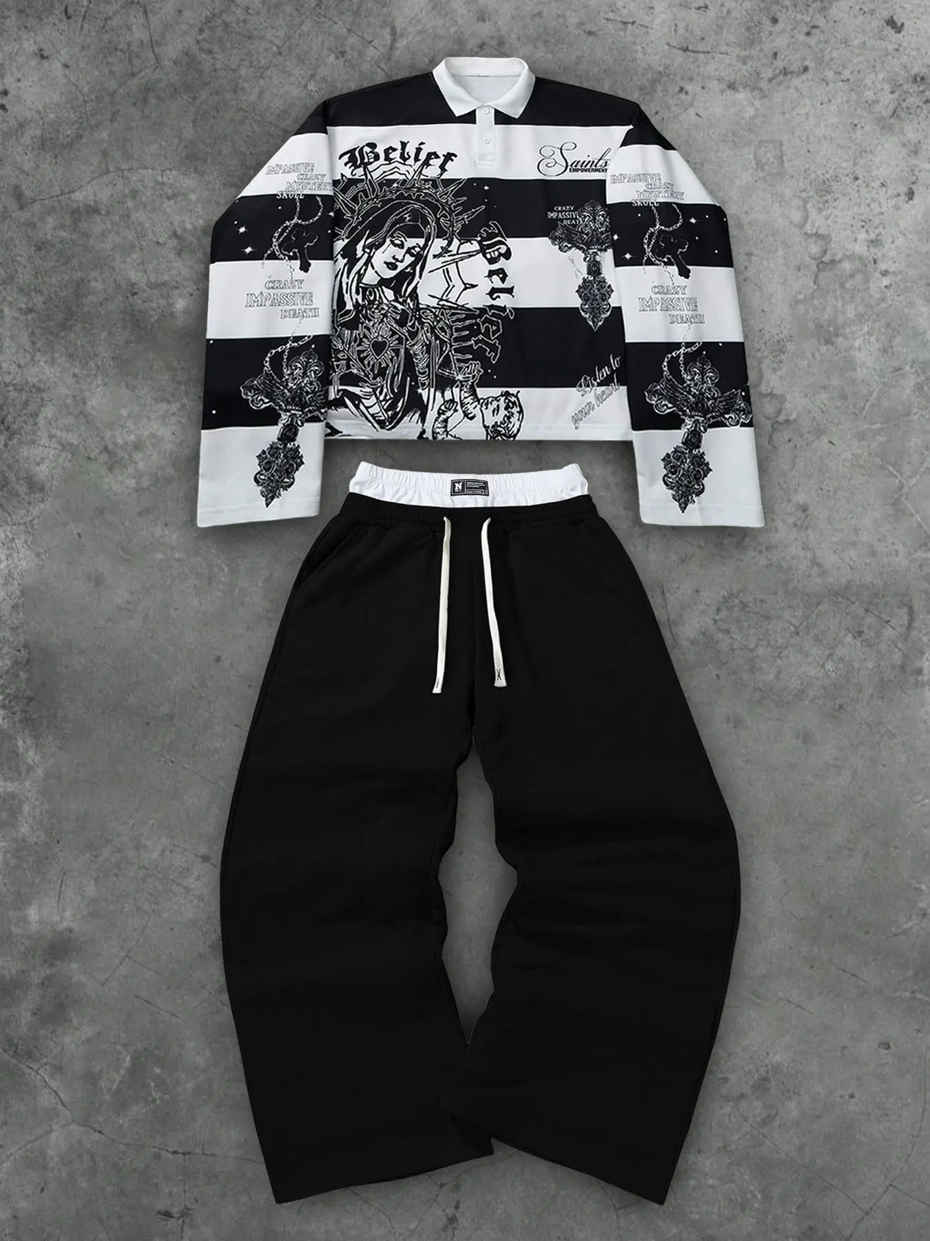 Gothic Madonna Print Short Sleeve Polo Shirt & High Waist Wide Leg Pants Set, Oversized Streetwear for Z Generation, Skateboarding, Daily Commute, Hip Hop Parties