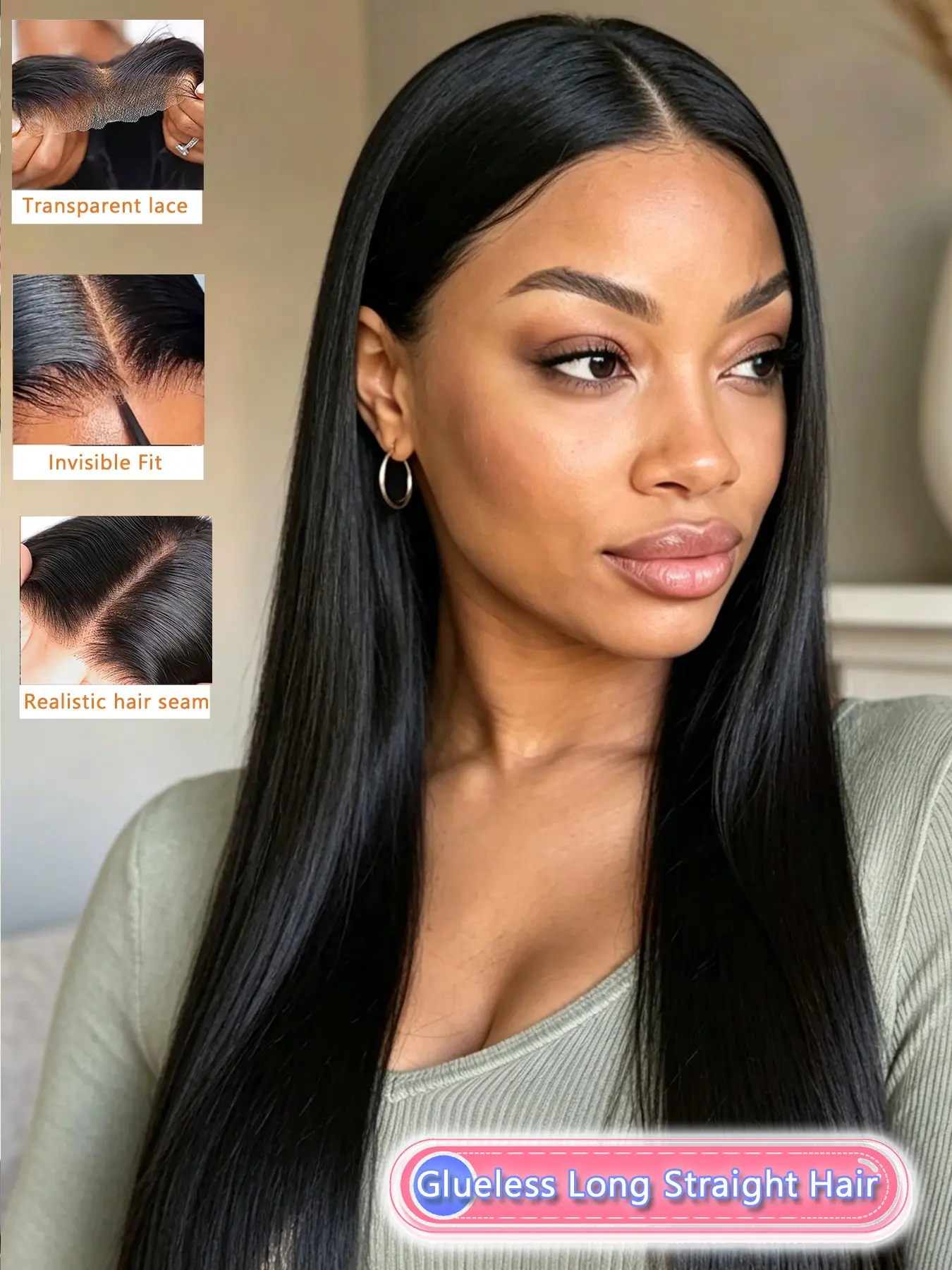 Long Black Straight Human Hair Wig with 5x5 Glueless Lace Closure, Creates Naturally Smooth Polished Look, Pre-parted Natural Hairline, Quick Wear Design for Effortless Styling, Comfortable Real Human Hair for Everyday Wear by Ladies