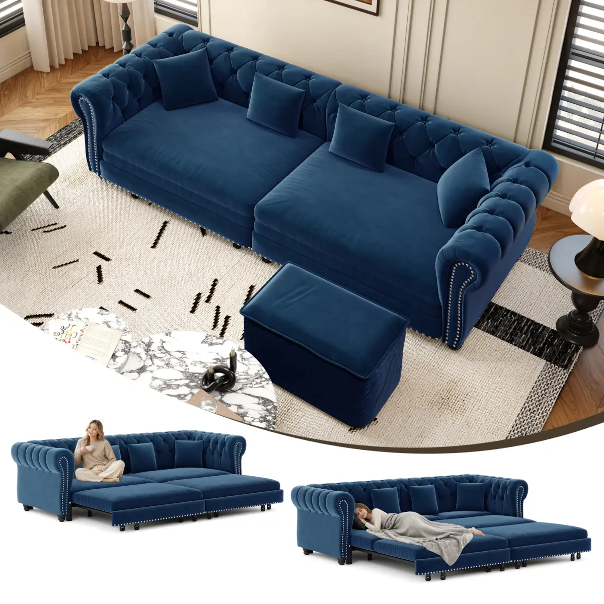 AobtkelChesterfield Sofa,89 " W 3-in-1 Pull-Out Sofa Bed, Convertible Sleeper Sofa Bed,King Size Sofa Bed, Chaise Lounge,Velvet 3-Seater Sofa with Movable Ottoman