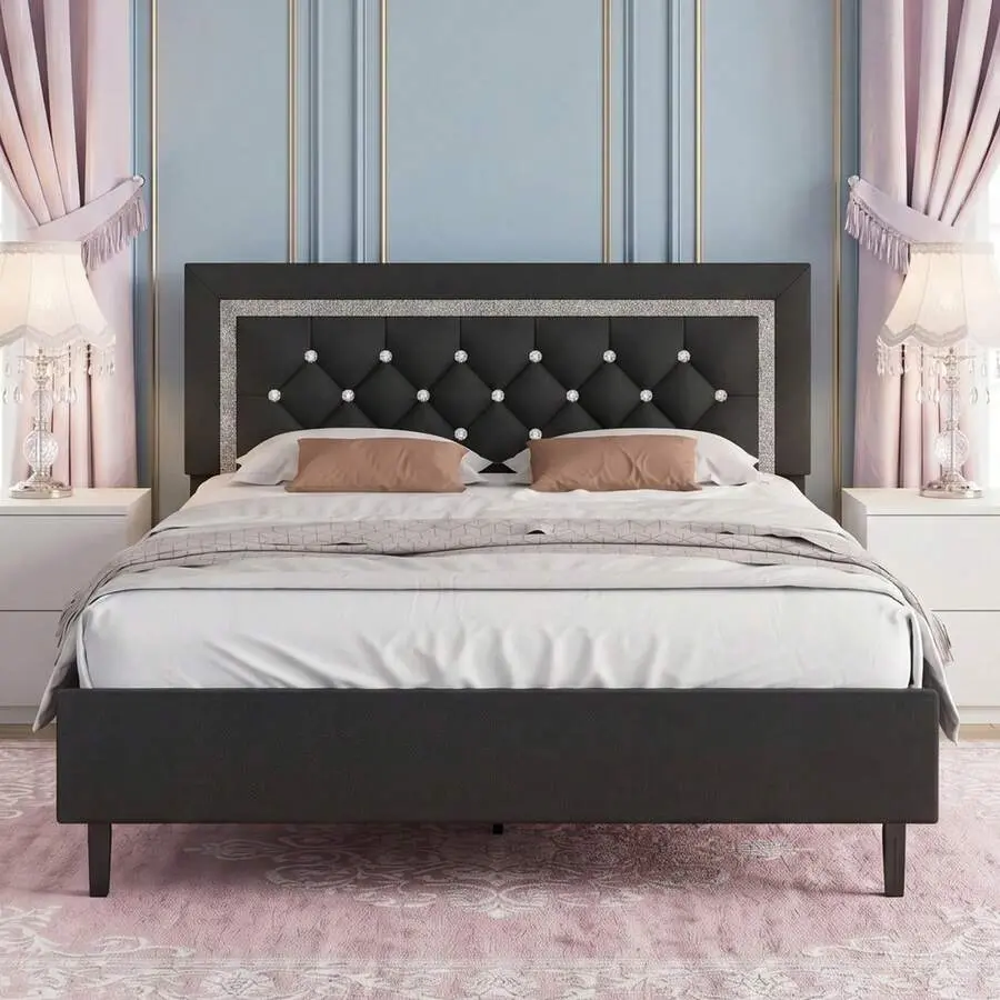 Upholstered    Headboard, Modern    Diamond Tufted Headboard, PU Leather  , No Box Spring Needed, Easy Assembly, White/ Black/ Pink, Twin/ Full/ Queen,wood, Adjustable, Assembly Required
