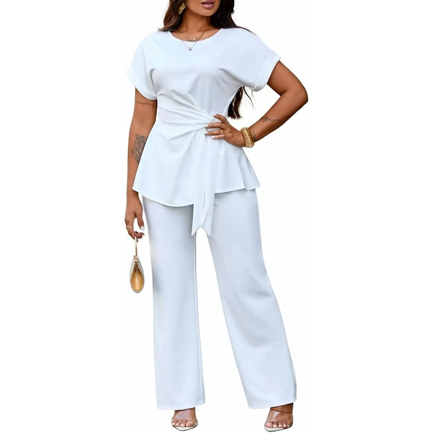 Women's 2 Piece Outfits Short Sleeve Peplum Top Flared Pant Business Suit Set Dressy Pantsuits