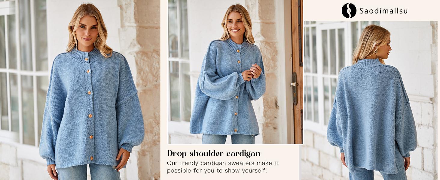 Saodimallsu Womens Oversized Cardigans Long Lantern Sleeve Button Down Chunky Knit Loose Fall Sweater Coats