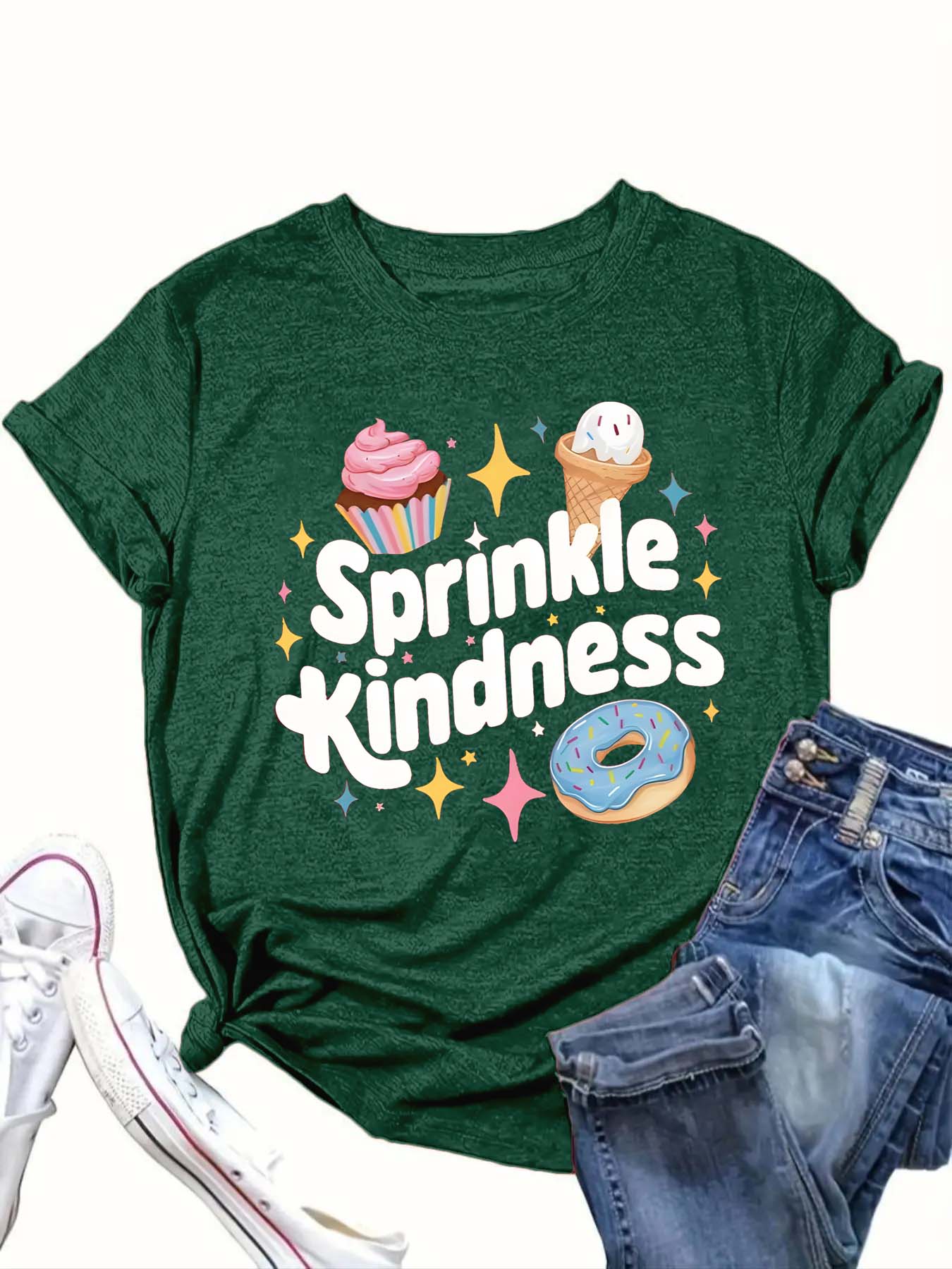 【Plus Size】 Cartoon Ice Cream & Letter Print Round Neck Tee, Casual Short Sleeve Crew Neck T-Shirt for Summer, Women's Clothing for Daily Wear