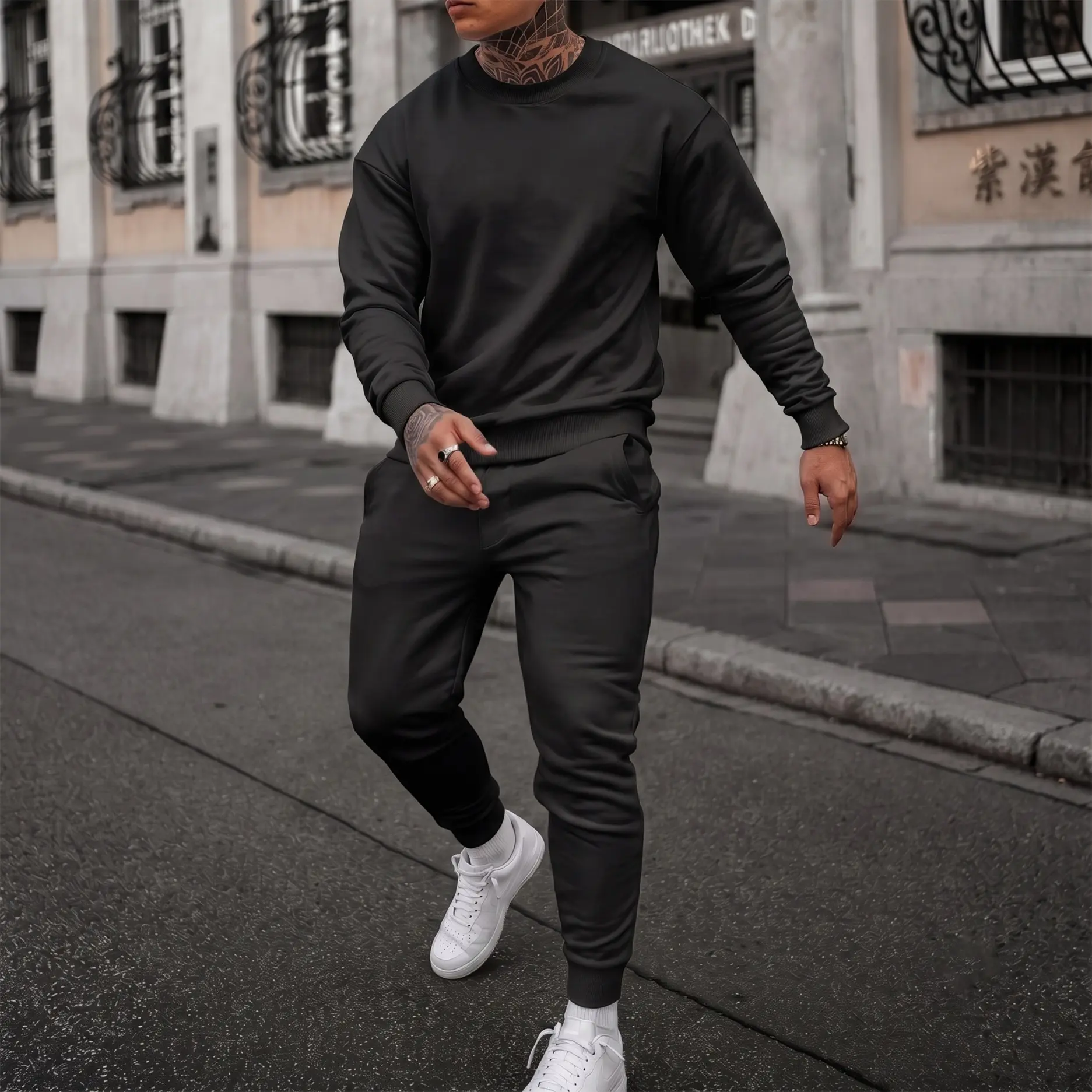 Men's Solid Crewneck Sweatshirt and Jogger Pants Set, Casual Long Sleeve Pullover with Drawstring Sweatpants, Comfortable Fall Winter Tracksuit for Daily Wear, Travel, Lounge, Workout and Indoor Outdoor Activities