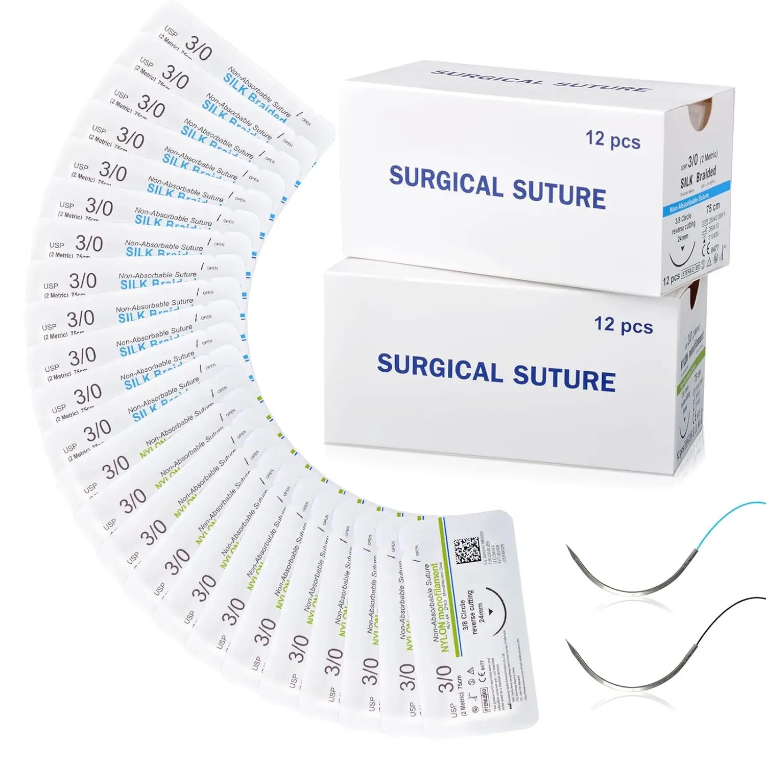 Medarchitect Surgical Suture Practice Thread with Needle, 24-PK 3/0 Non-Absorbable Nylon & Silk Sutures for Medical Student Training (Office & Educational Supplies)