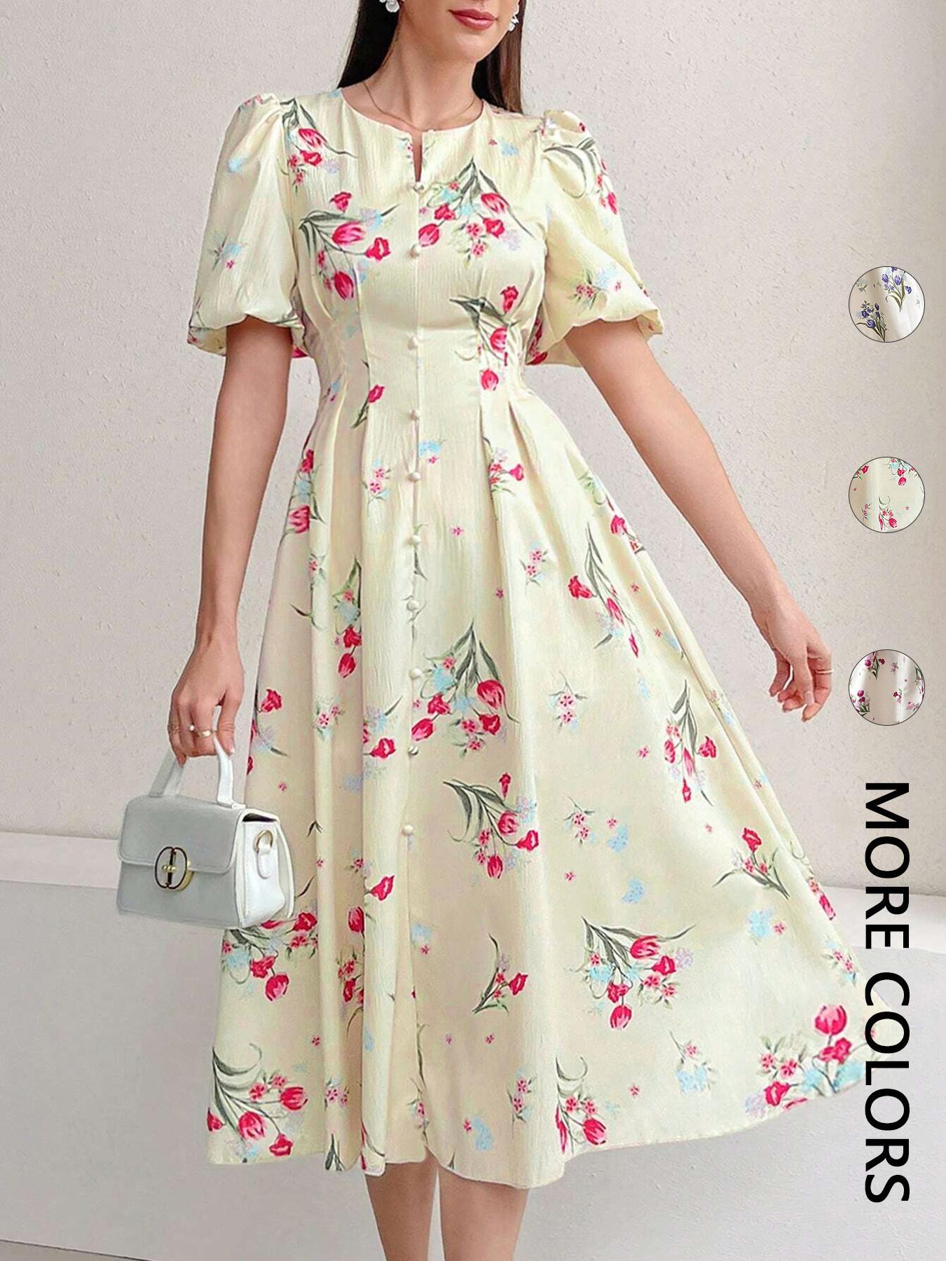 Women's Floral Print Puff Sleeve Dress, Elegant Short Sleeve A Line Dress for Party Holiday Wedding Guest, Ladies Clothes for All Seasons, Womenswear, Shortsleeve, Formal Dresses Women, Wedding Gown
