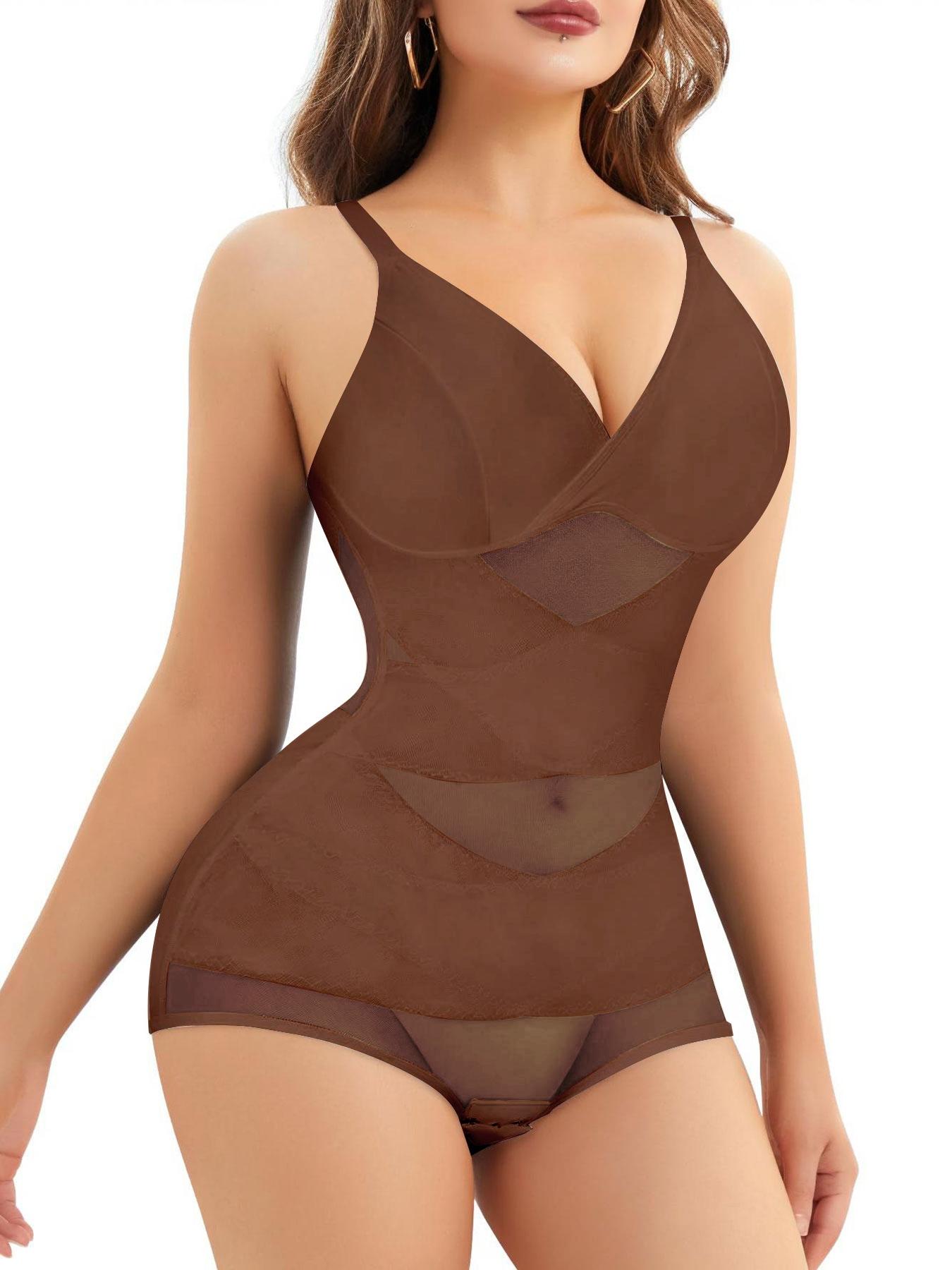Women's Sheer Mesh Bodysuit High Elastic Breathable Fabric V Neck Full Body Shaping Underwear, Casual All Season Wear, Shapewear
