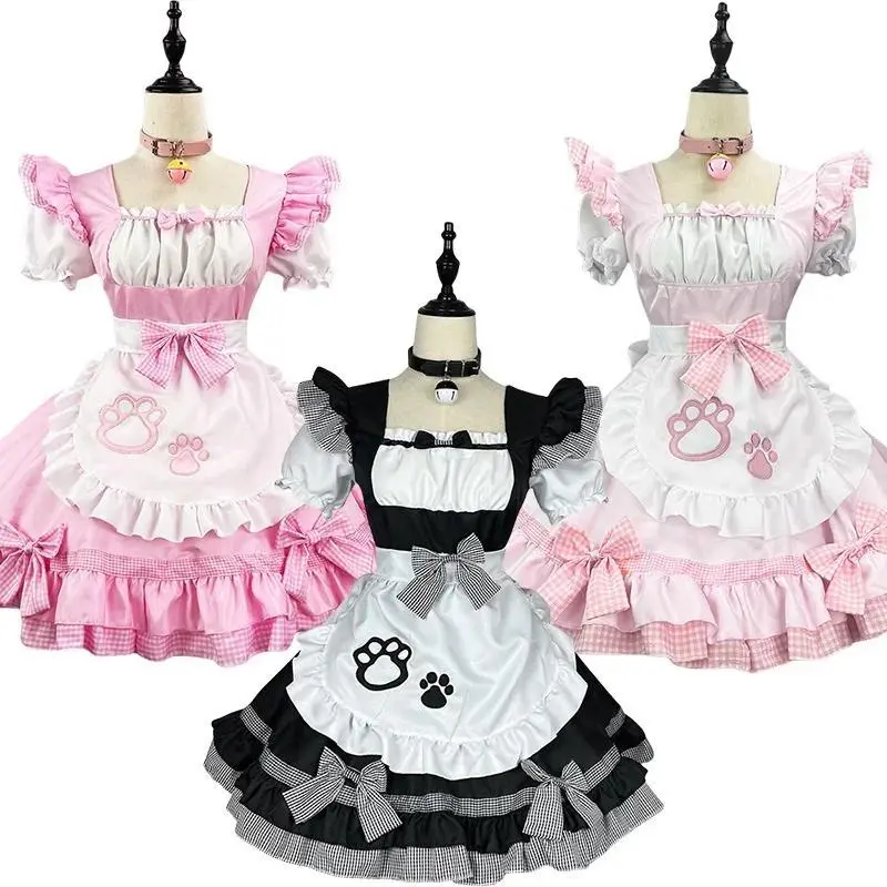 Halloween  Black Pink Cute Lolita Sexy   Maid Outfit Apron Dress Bell Choker Anime Cosplay Costume Women Coffee Waitress Uniform