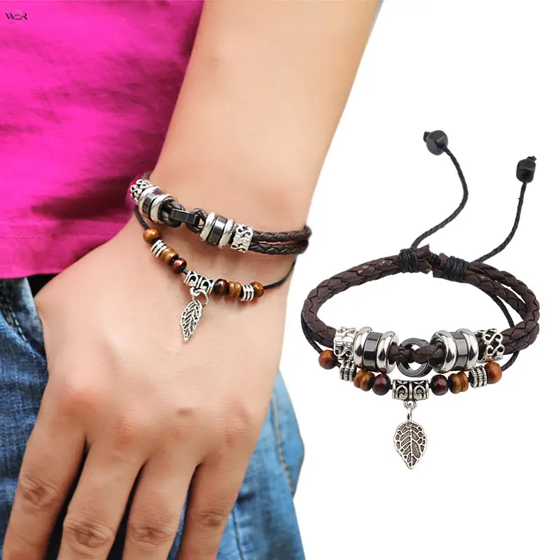 Unisex Boho Multi-Layer Braided Strap Leather & Wood Bracelet - Adjustable Size, Leaf Charm, Wooden Bead, Metal Spacer, Drawstring, Vintage Ethnic Casual Wear Hand Jewelry Gift for Men Women