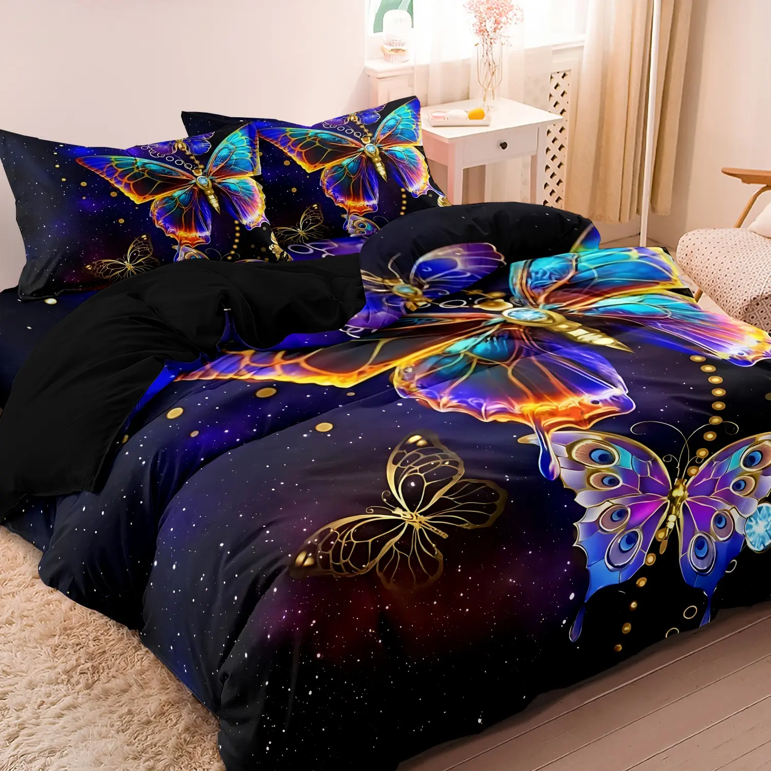 3 Pieces Black Starry Galaxy Colorful Rainbow Butterfly Duvet Cover Set, Golden Cosmic Butterfly Print Bedding, Soft Microfiber Dreamy Fantasy Bedroom Decor (1 Duvet Cover + 2 Pillowcases, No Comforter No Pillow)