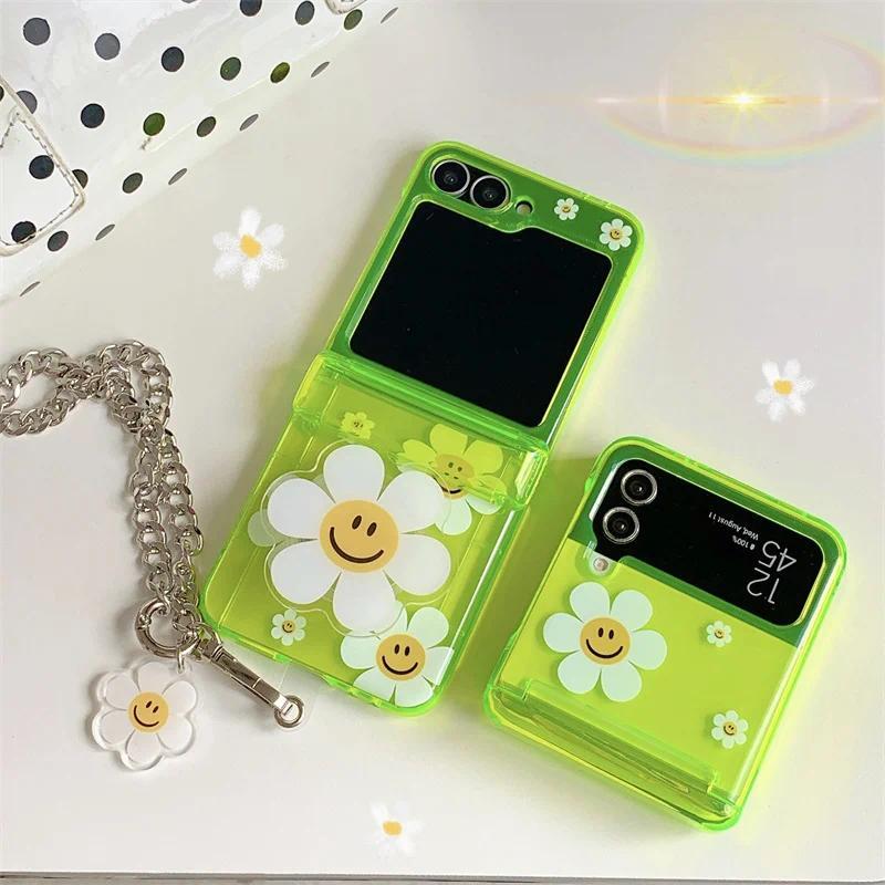 Phone Case For Samsung Galaxy Z Flip 7 FE 6 5 4 3 Fluorescent Green Insert Cards Cute Flower Stand Bracelet Shockproof Cover