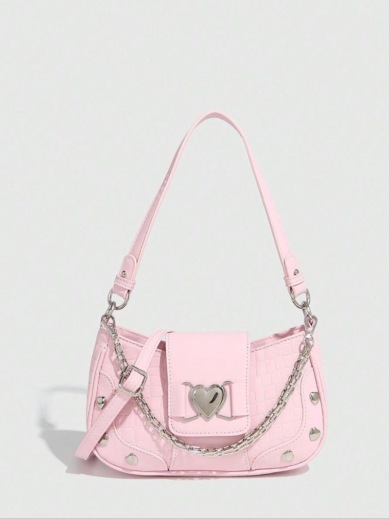 Women's Fashion Chain Decor Shoulder Bag, Heart Decorated Crocodile Textured Pu Leather Bag for Daily Used, Trendy All-match Underarm Bag, Cute Y2k Punk Style Hobo Dumpling Bag, Casual Zipper Purse