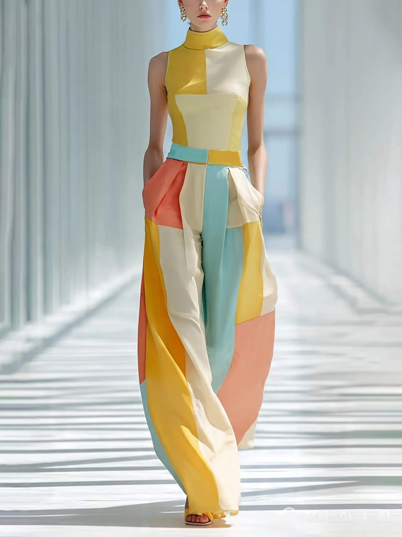 Elegant Geometric Colorblock Print Stand Collar Vest with Pocket Wide Leg Pants Set, Women's Two-Piece, Stylish Chic Ladies Fashion Ensemble Clothes
