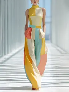Elegant Colorblock Print Stand Collar Vest with Pocket Wide Leg Pants Set, Women's Two-Piece, Stylish Ladies Fashion Ensemble