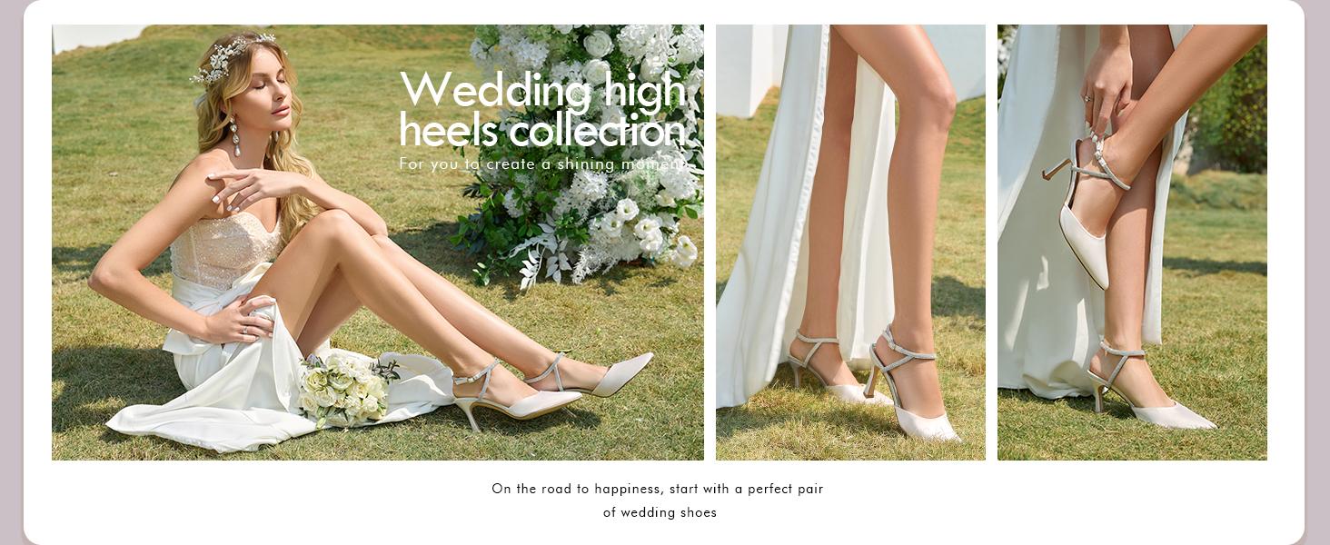 Coutgo Womens Rhinestone Heels Kitten High Satin Pumps Pointed Toe Sparkly Sexy Wedding Dress Shoes