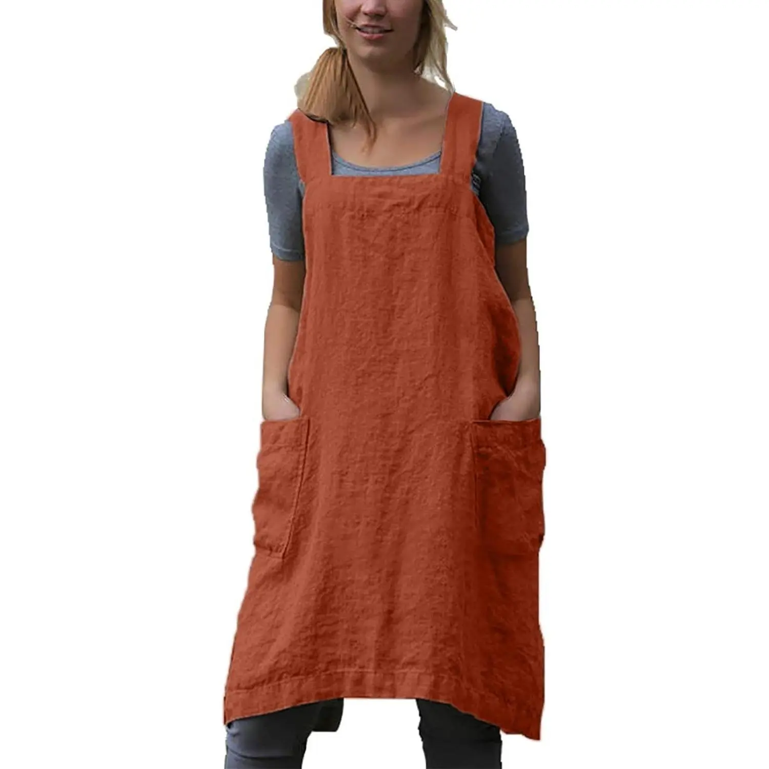 Women's Cotton-Linen Cross-Back Apron, Comfortable Kitchen Pinafore for Baking, Gardening Work