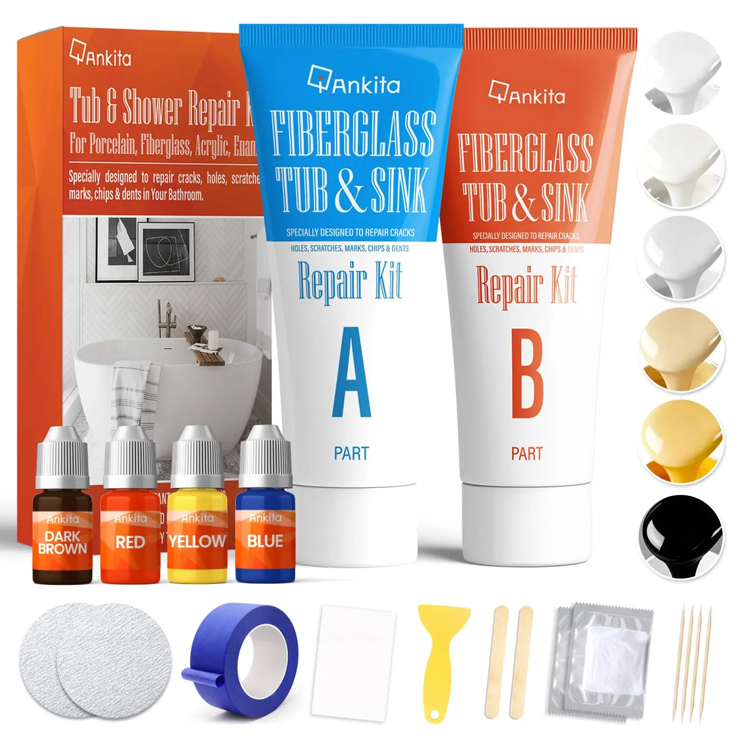 Fiberglass Tub Repair Kit (Color Match), Fiberglass Shower and Acrylic Bathtub Repair Kit for Chips, Cracks, Holes on Porcelain Sink, Enamel Tubs, Ceramic Tile, Almond Bathtub & Shower Repair Kit