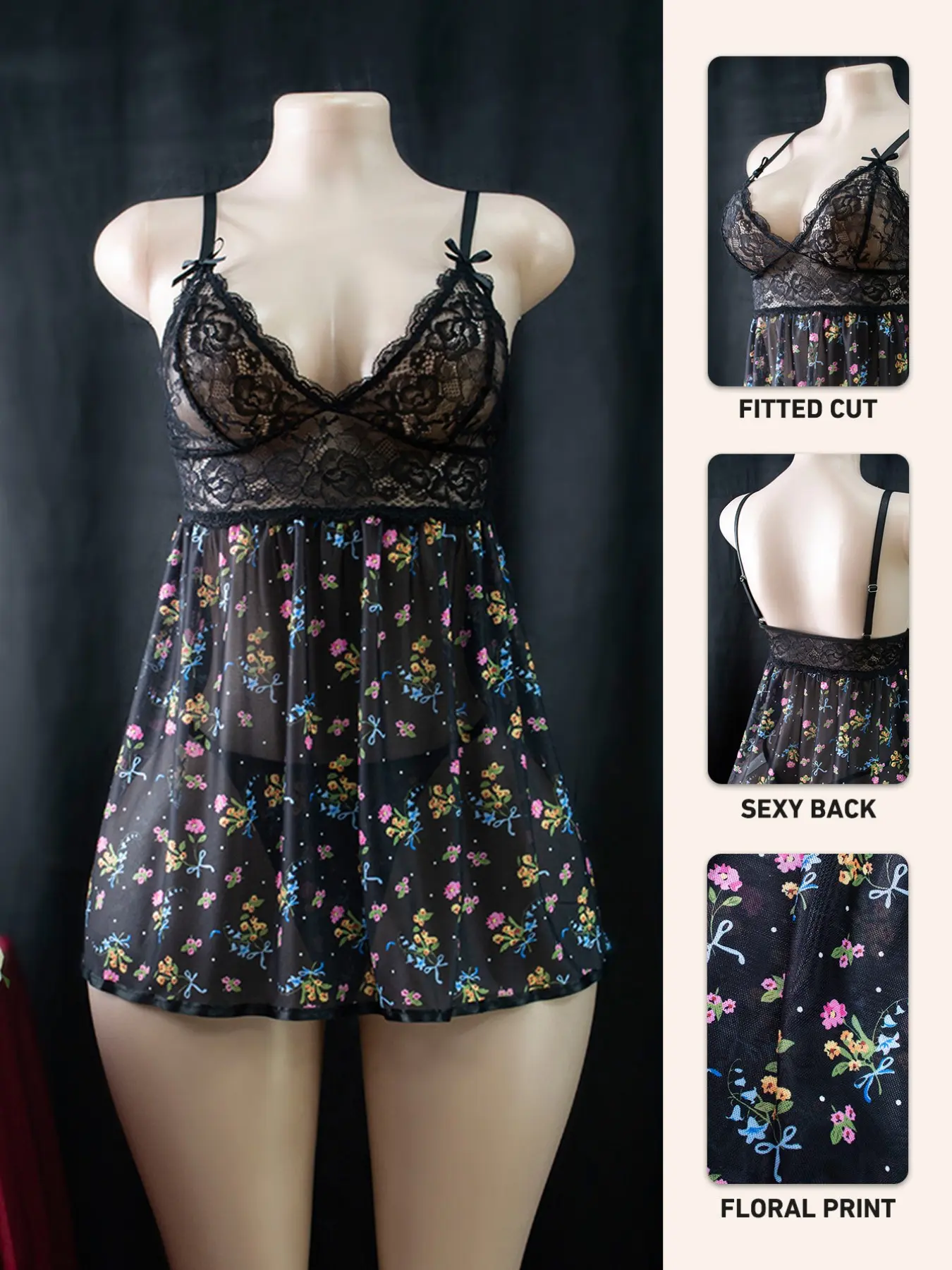 Women's Sexy Polyester Mesh Lace Patchwork Print Pajama Set Nightwear, Dress & Thong, Romantic Elegance, Perfect for Parties & Holidays, Valentine's Day Gift rave outfit house dress nap dress