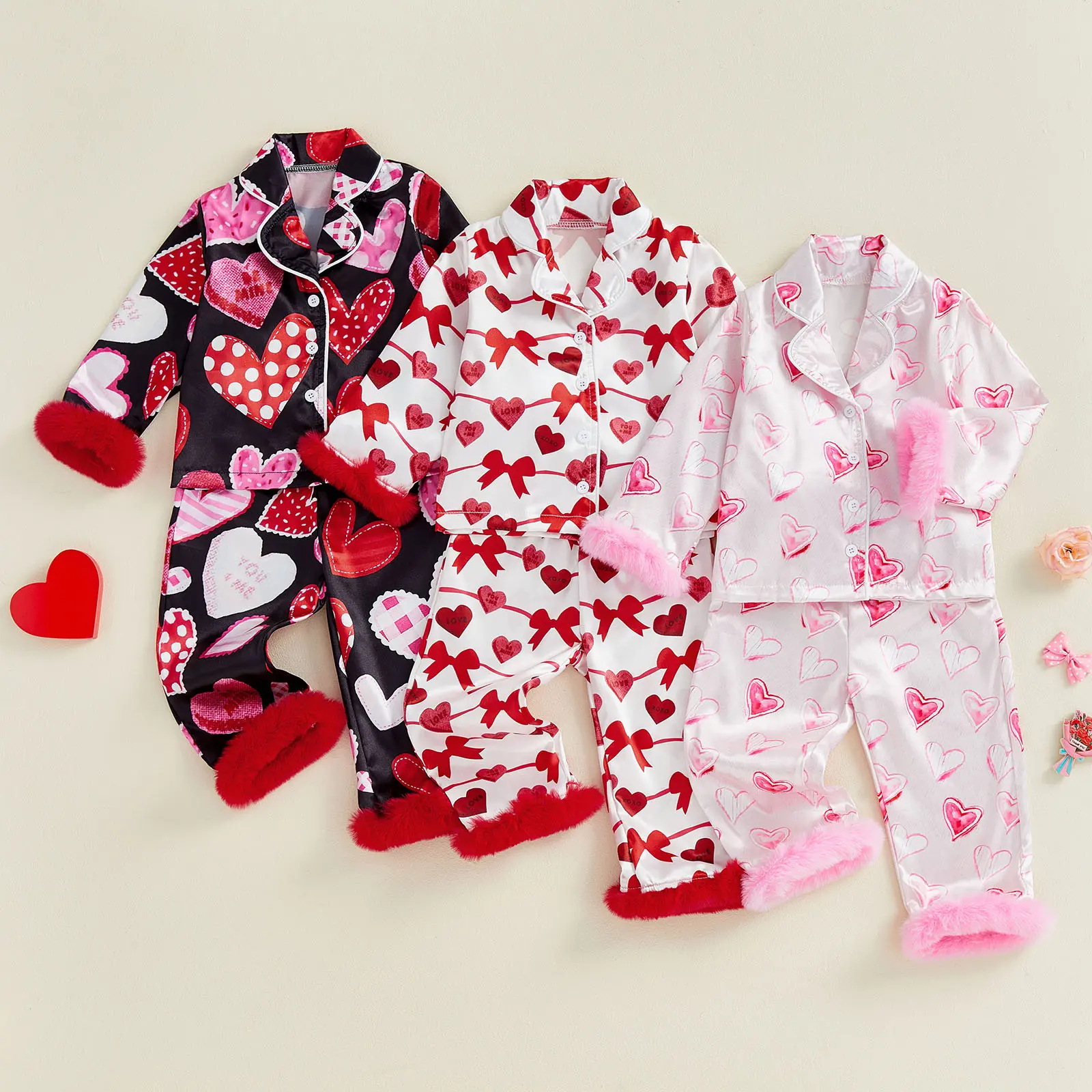 Toddler Baby Girl Boy Valentine's Day Silk Satin Pajamas Set Button Down Pjs Kids Long Sleeve Shirt Pants Christmas Pjs Sleepwear