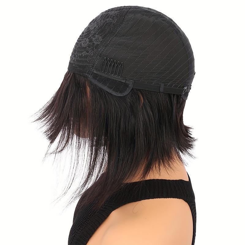 Wholesale Fashionable 10 Inch Short Bob Human Hair Wig with Straight Bangs, Natural Black Color, Density Rose Net Cap for Women, Shoulder-Length Sleek Bob Hairstyle, Middle Part with Neatly Trimmed Ends, Versatile Styling Options, Suitfor All Ethni