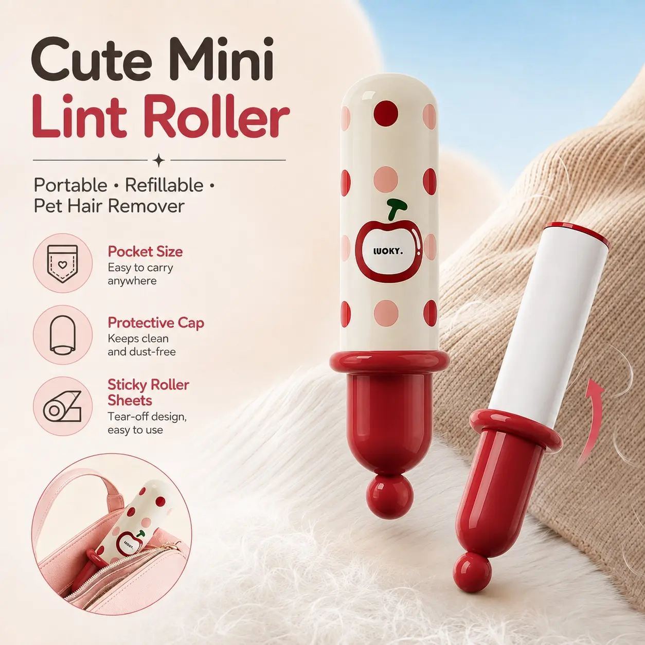 Portable Mini Lint Roller for Pet Hair, 180 Sheets Refillable Travel Lint Remover with Protective Cap for Clothes, Sofa, Bedding, Car & Furniture
