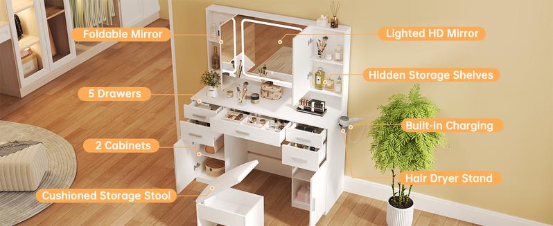 White Tri-Folding Lighted Vanity Desk with 7 Drawers | Big Makeup Vanity with Mirror & Chairs for Bedroom