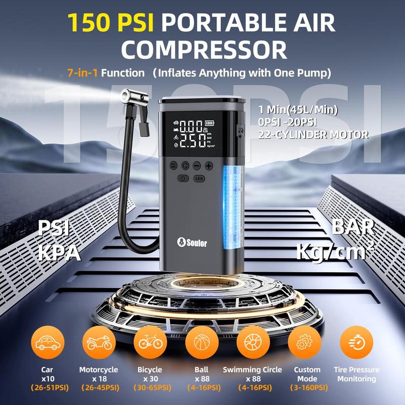 Soulor CYD22 5-in-1   with 150PSI Air Compressor, 10000mAh Portable Power Bank, LED Flashlight & SOS for Car/SUV/Truck Emergency ultra-safe