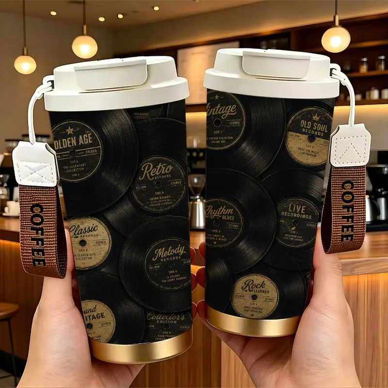 Vintage Music Vinyl Record Pattern Stainless Steel Insulated Coffee Cup with Double Drink Design， Portable Travel Tumbler with COFFEE Wrist Strap， Reusable Thermal Mug， Perfect Gifts For Birthday Holiday.