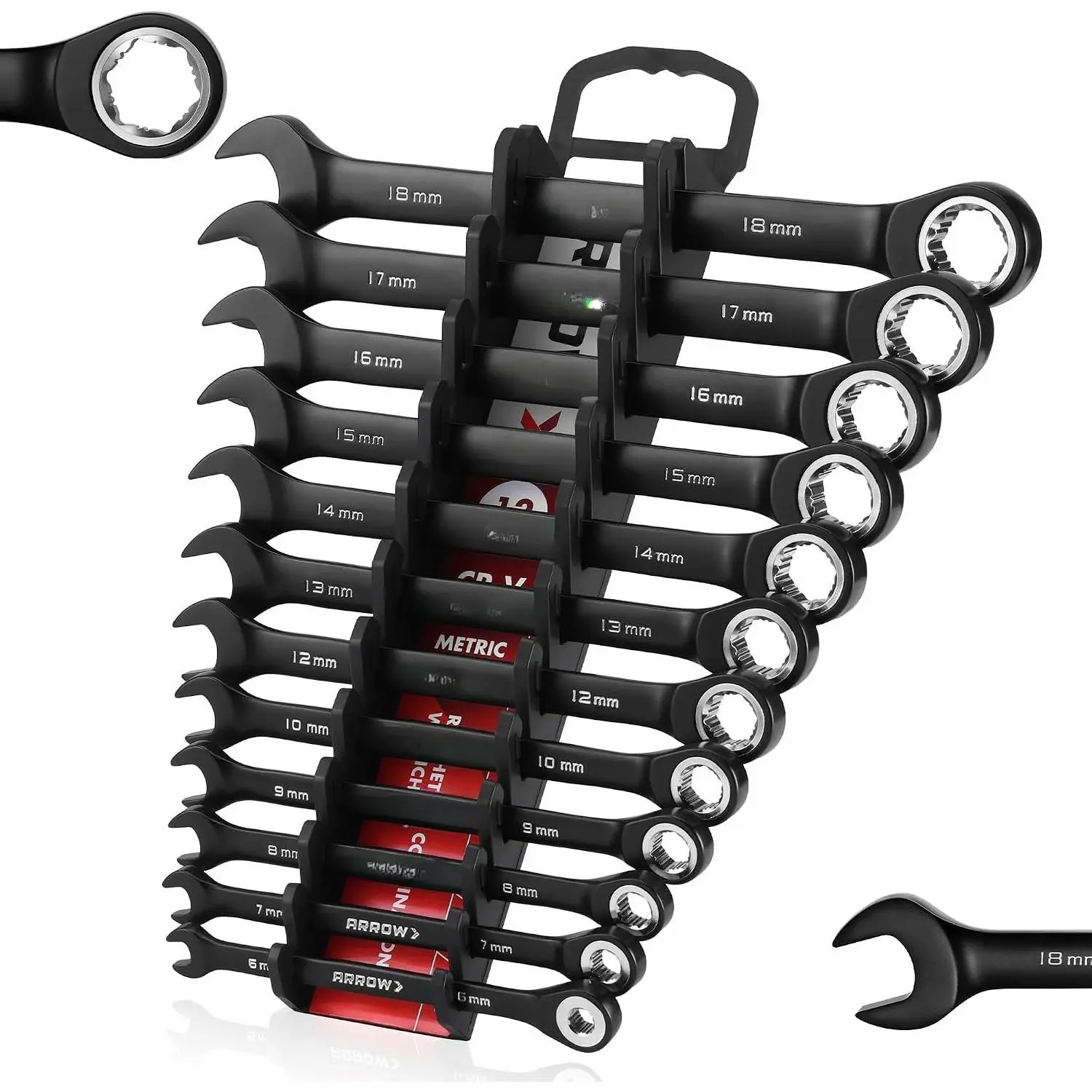 12 count Metric Ratcheting Wrench Set, Anti-Slip 6-18mm Combination Ratchet Wrench Set with Black  Tool Holder,  CRV Material, 72-, -Resistant, Easy to Carry & Store