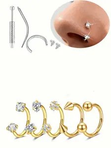 Hypoallergenic Cz Horseshoe Nose Ring, Stainless Steel 18/20 Gauge, 8mm Round, Inner Thread Design, for Nose and Tragus Piercing, Includes Wear Tool