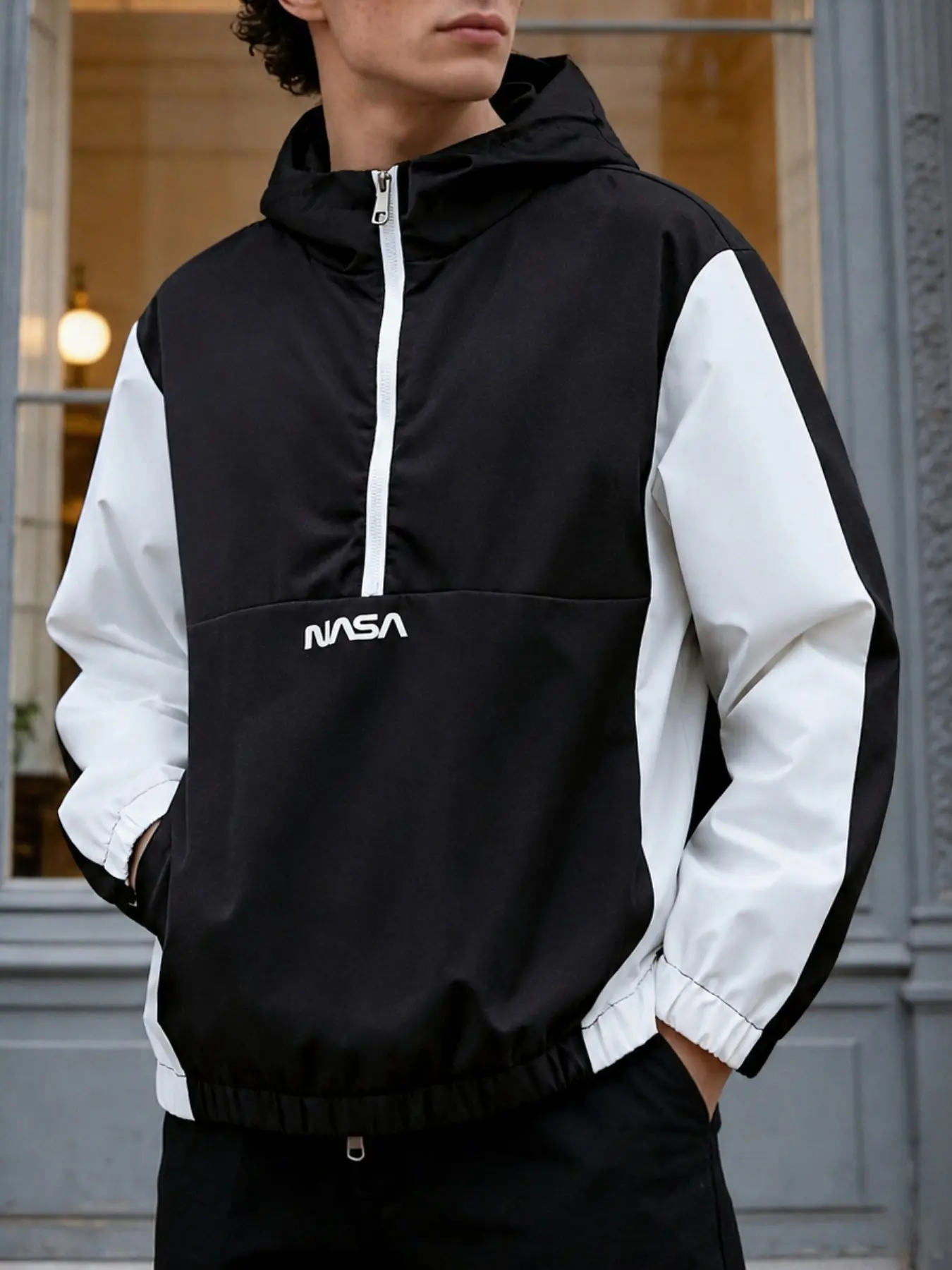 Men's Autumn/Winter Y2K Sporty Streetwear Jacket, Fashion Casual Outerwear, with Black and White Color Blocking, Half-Zip, Long Sleeve, Work, Outdoors, Loose Fit, Trendy, Street Style, Casual, Retro, Versatile