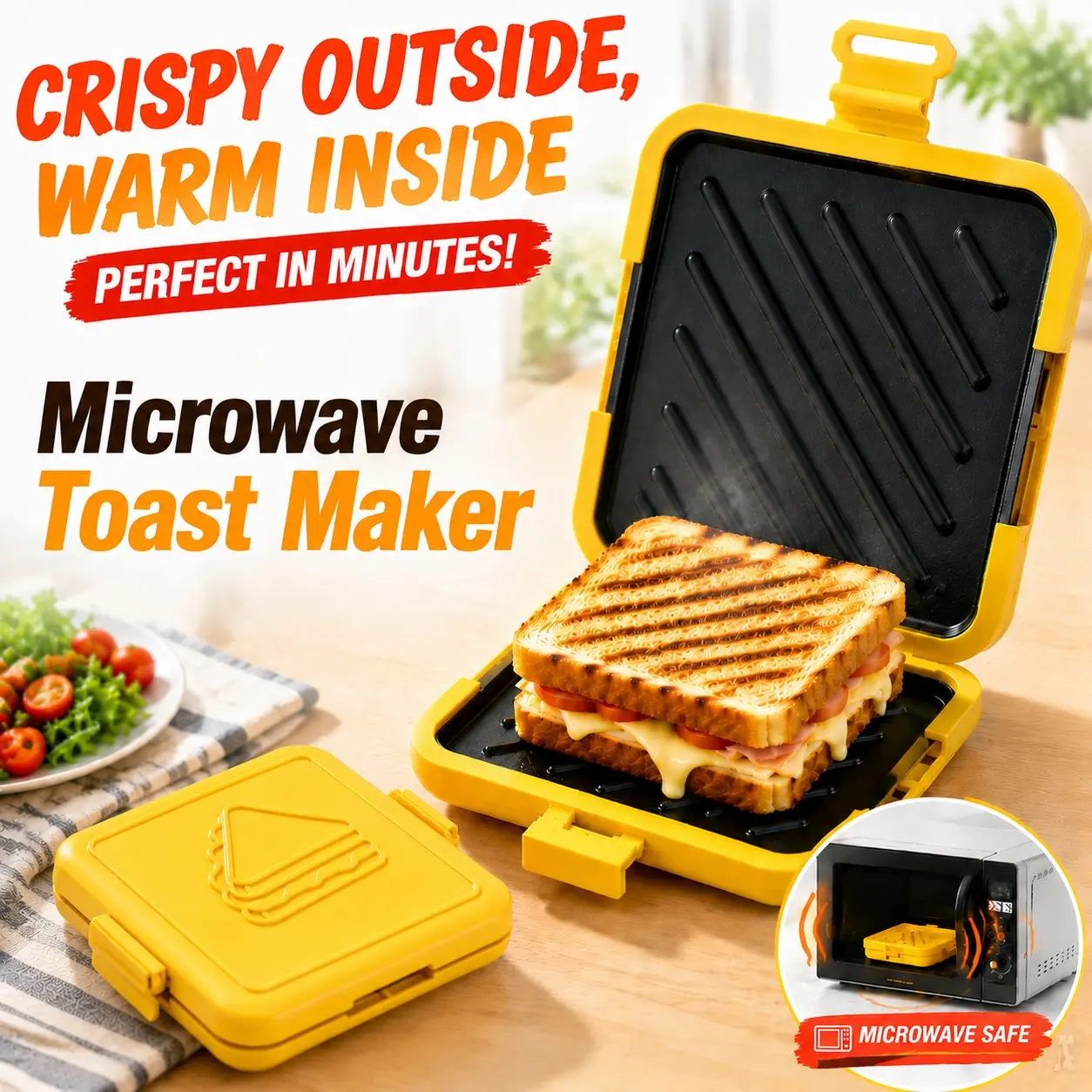 Microwave Sandwich Toast Maker Toastie Machine Breakfast Toaster Non-Stick Grill Plate, No Power Needed, Wireless, Time-Saving, Quick, Dishwasher Safe, Kitchen Appliances
