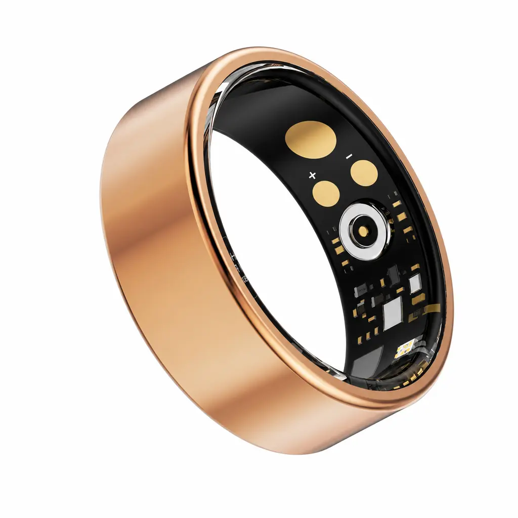 Wearable Smart Ring - Gold Titanium Band, Bluetooth Remote Multi-Sensor Wellness Tracker, Sizes 7-12, for Men, Waterproof No-Screen Discreet Design, iOS/Android Compatible, All-Day Wear Heart Rate/Blood Oxygen Monitor