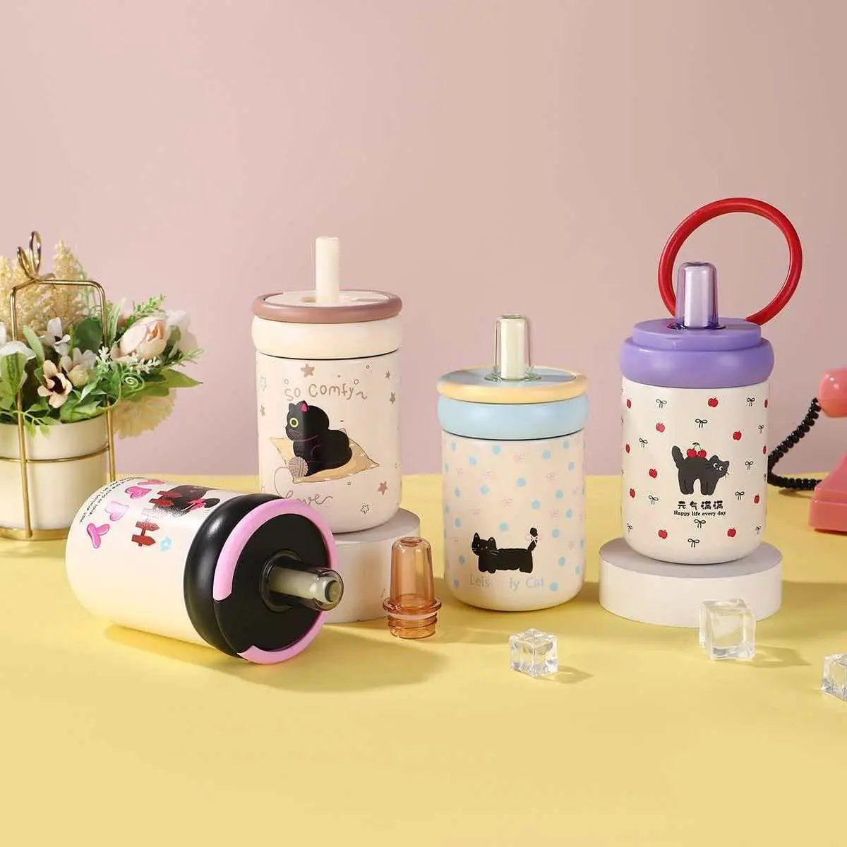 Cute Cat Straw Insulated Tumbler Cup 500ML, Food-Grade Stainless Steel, Leak-Proof, Easy Clean, Ideal for Daily Use, Office, Home, Car
