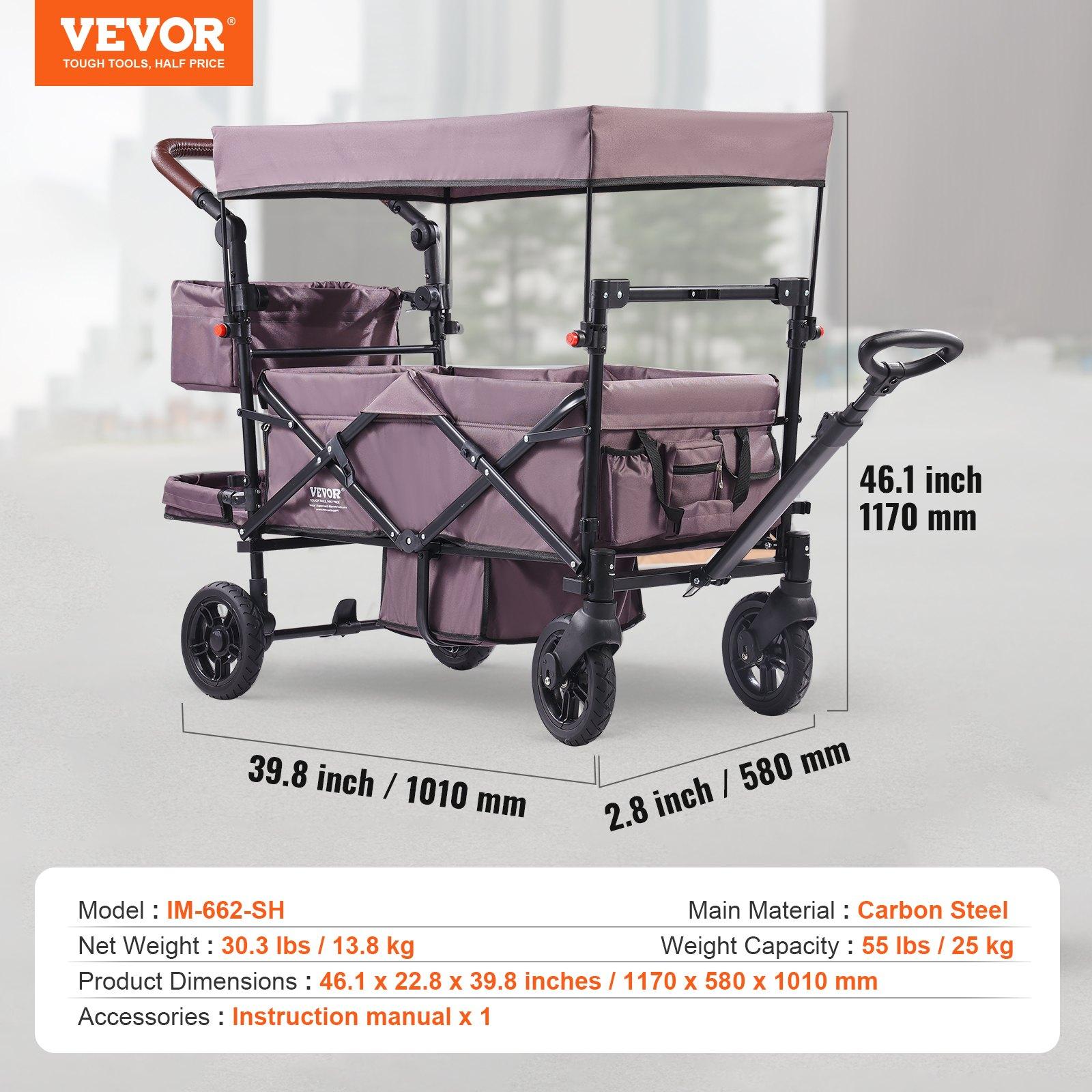 VEVOR Wagon Stroller for 2 Kids, Push Pull Quad Collapsible Stroller with Adjustable Handle, Encircling Harness Removable Canopy,4 Wheels w/ Brakes,Mutifunction Tandem Stroller for Camping Dark PurpleSummervibes