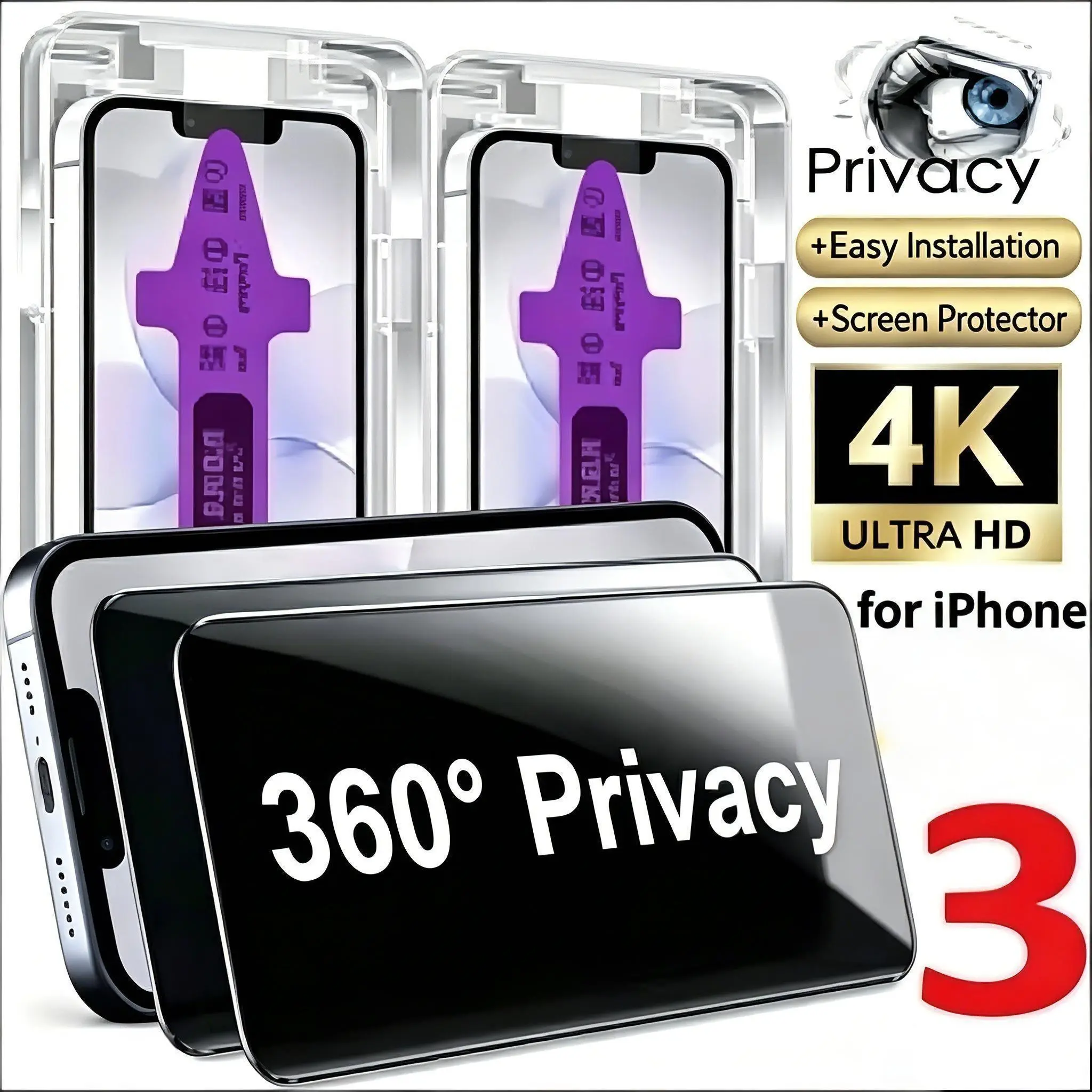 3-Pack 360° Privacy Tempered Glass Screen Protector, Privacy Screen Guard, Easy Install, Anti-Glare, Anti-Fingerprint, Dust-Resistant, for iPhone 11-17 Series