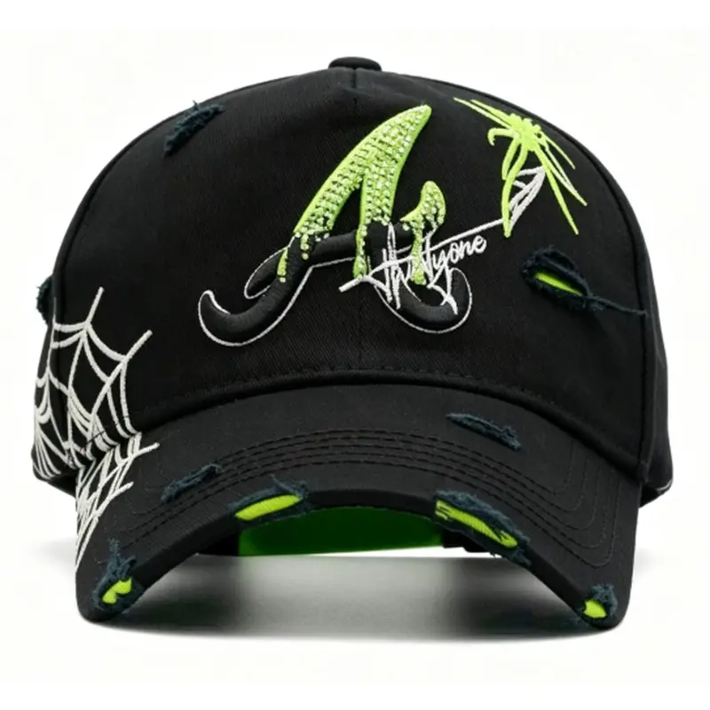 2026 Neon Green Spider Web Distressed Baseball Cap – Black Y2K Grunge Streetwear Hat