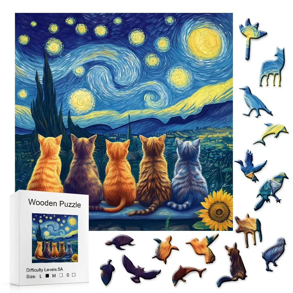 501-Piece Color Oil Painting Kitten Family Puzzle, Wooden Special-Shaped Adult Puzzle, Handmade DIY Christmas Gift, Holiday Gift
