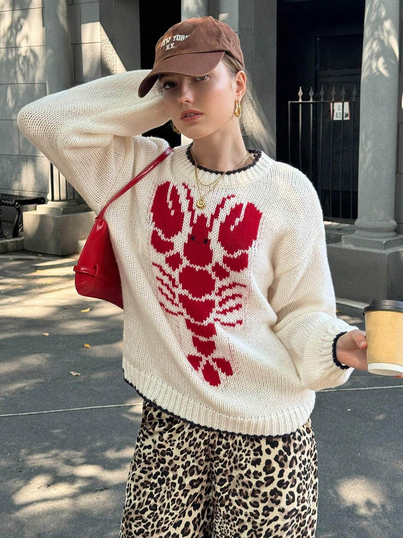New2025Women's Cartoon Lobster Print Drop Shoulder Sweater, Casual Long Sleeve Round Neck Jumper for Fall & Winter, Fashion Ladies' Knitwear for Daily Wear, Longsleeves Tops for Women, Womenswear(Gift)11