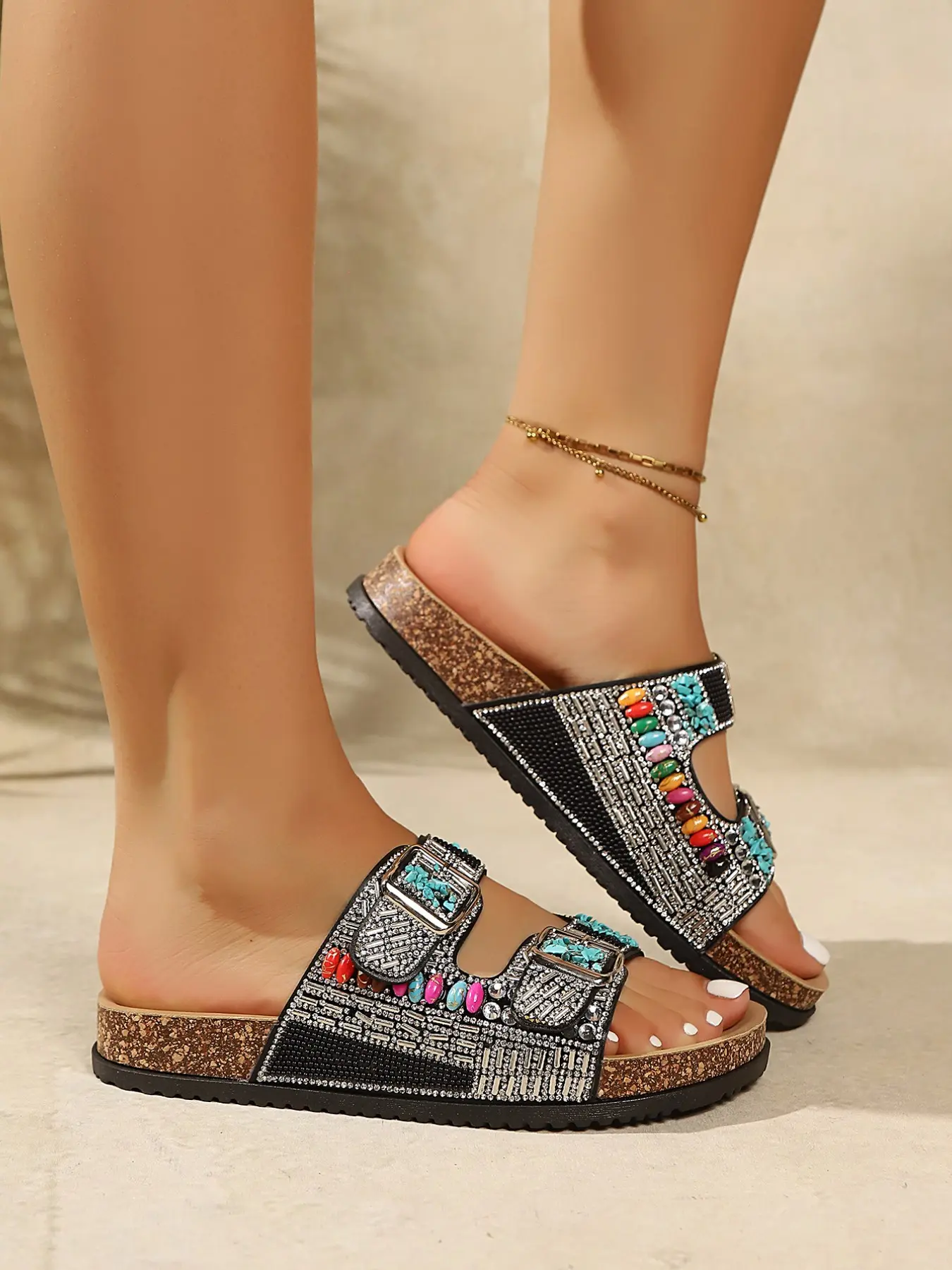 Colorblock Beaded Turquoise Rhinestone Slippers, Summer Slippers, Natural Cork Arch Support, Non-Slip Rubber Sole, Casual Women's Sandals