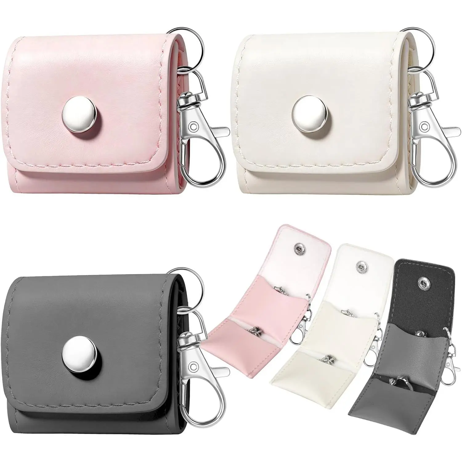 Women's PU Leather Mini Travel Organizer Pouch Set (3 Count) - Foldable, Modern, Secure Snap Design - Portable Commute Storage Case for Rings & Earrings (Grey/White)