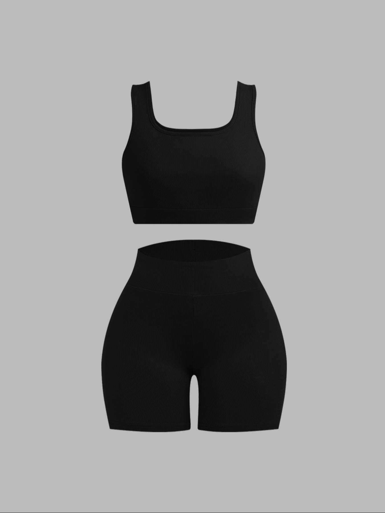 Women's Solid Crop Tank Top & High Waist Shorts Ribbed Set, Casual Sleeveless Square Neck Crop Top & Skinny Shorts, Ladies Summer Outfits 2024 for Daily Wear Workout Set, Athleisure Wear Set